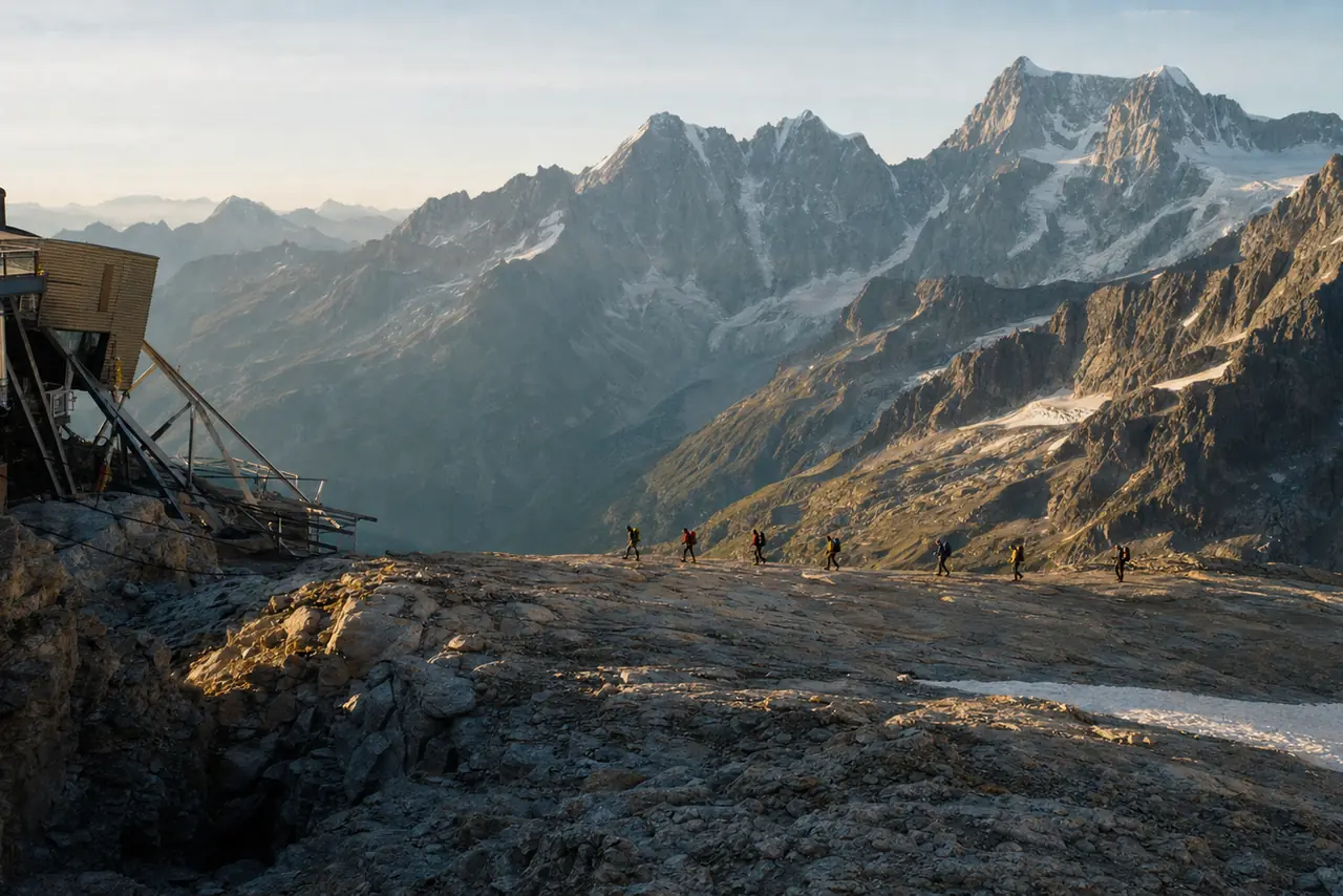 A rope team crossing high ground beneath the Mont Blanc massif — Alphalizer, Aosta Valley